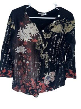 Y2K IQ Paris Womens Asymmetrical Top Sz XL Black Asian Butterfly Grunge Punk